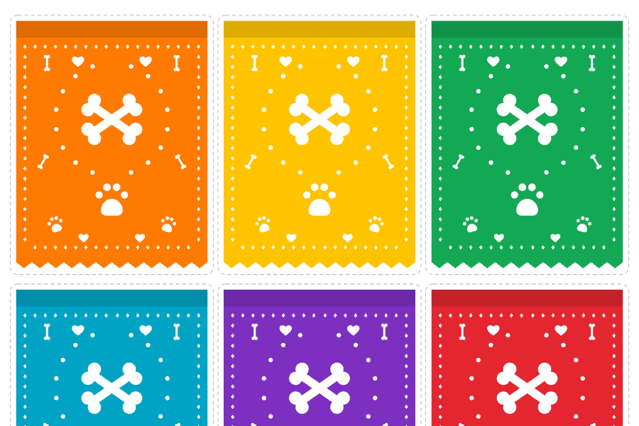 Sheet of dog-bone papel picado stickers in seven colors