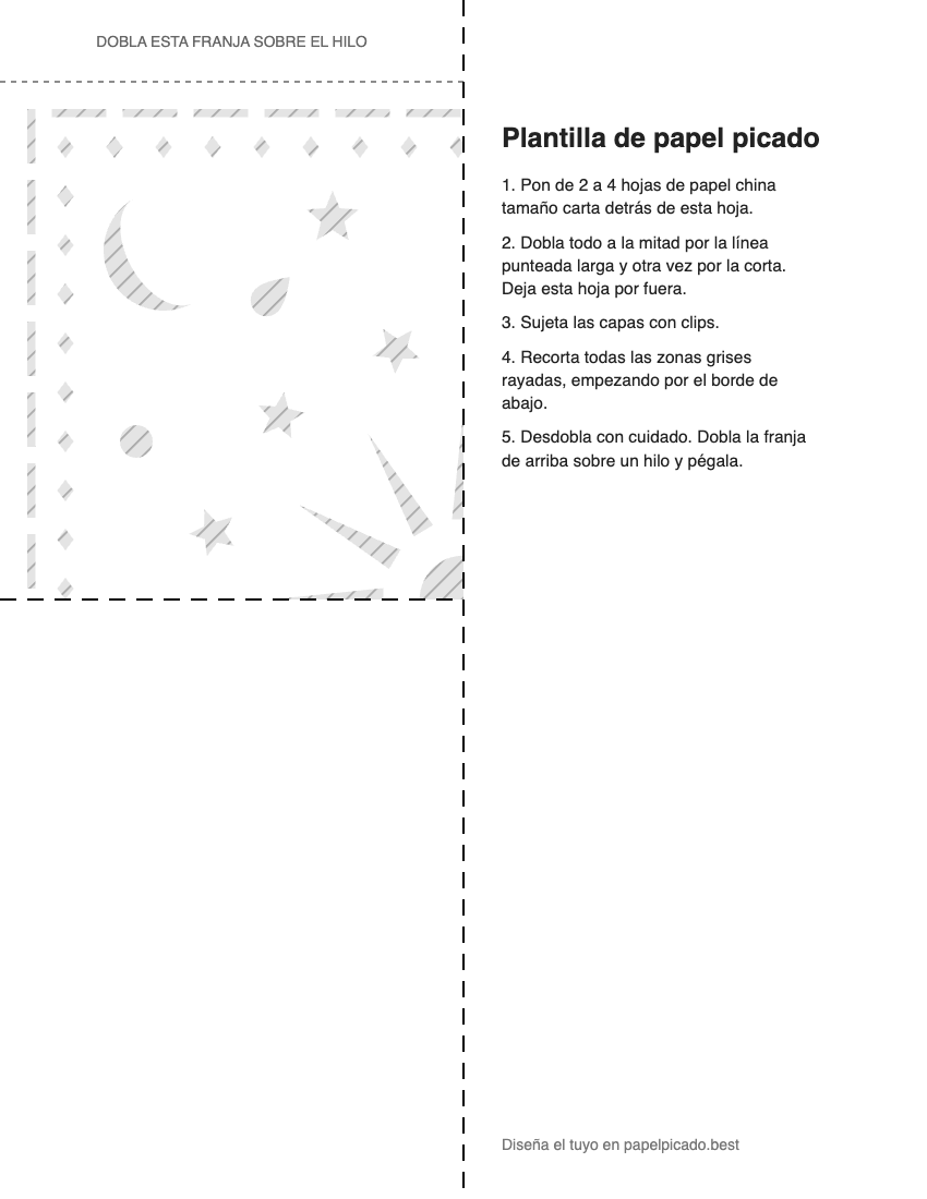 Plantilla para imprimir y recortar de papel picado: Sol y estrellas